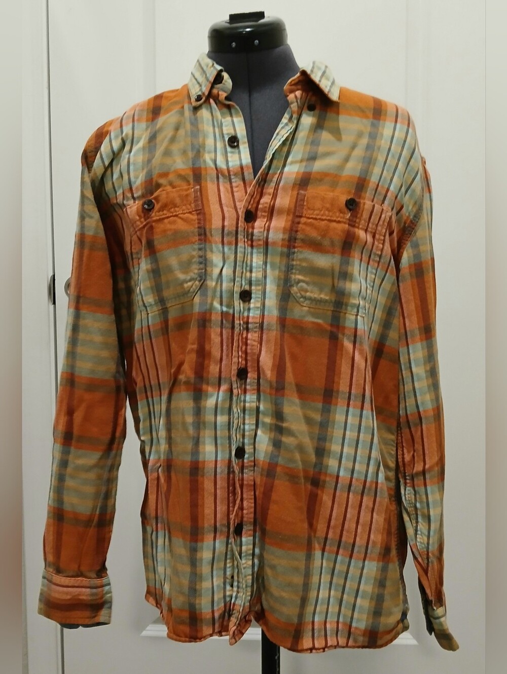 Men's L.L. Bean Plaid Button Down Long Sleeve Orange & Blue Shirt